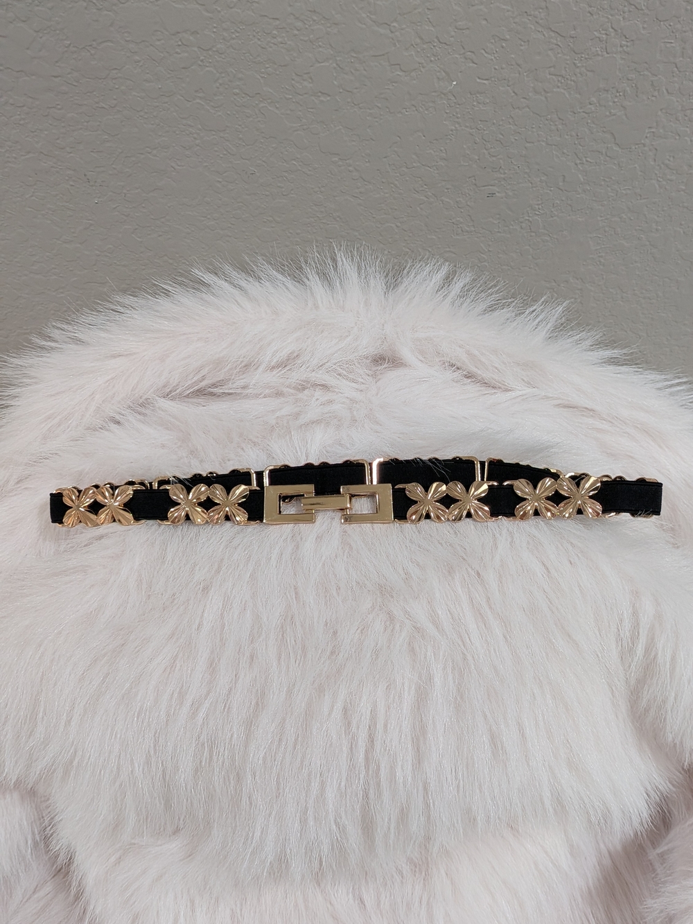 Black Elastic Stretch Waist Belt with Gold Floral Hardware